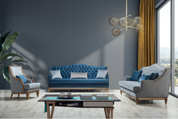 Modern blue Chesterfield sofa set designer three-seater luxury armchair