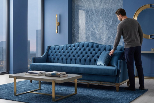 Blue Chesterfield Three-Seater Relax Lounge Sofa Living Room 3-Seater