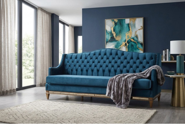Blue Chesterfield Three-Seater Relax Lounge Sofa Living Room 3-Seater