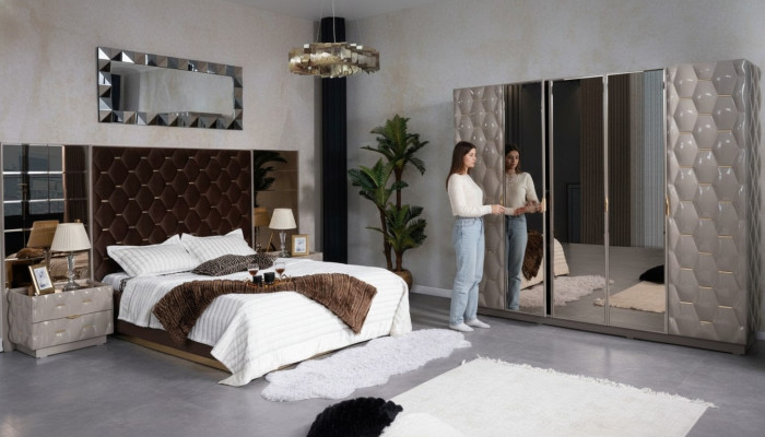 Double bed 2 nightstands wardrobe bedroom furniture set 4-piece.
