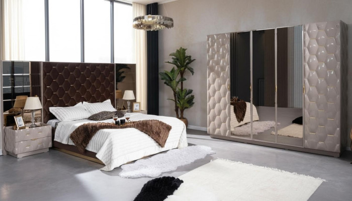 Double bed 2 nightstands wardrobe bedroom furniture set 4-piece.