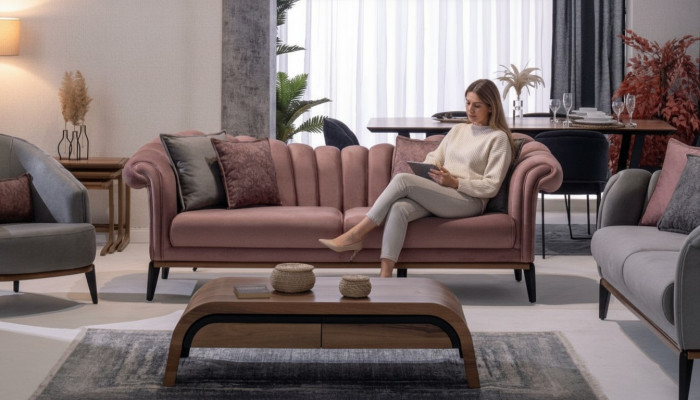 Italian style 2-seater living room couch sofa upholstery seat textile pink new