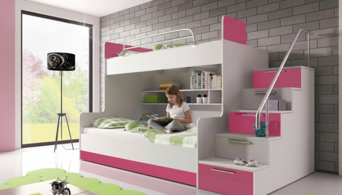 Bunk bed children’s room beds loft bed double-decker bed high-gloss furniture pink.