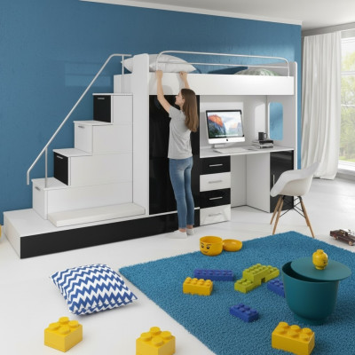 Black children's loft bed bunk bed high gloss bed