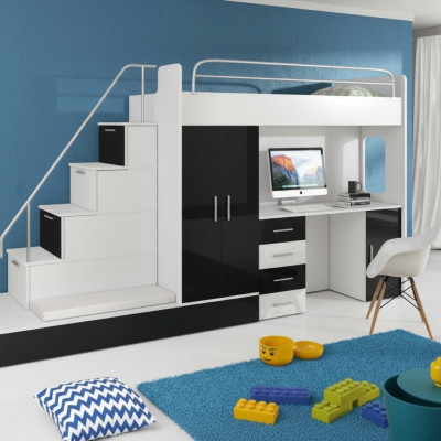 Black children's loft bed bunk bed high gloss bed