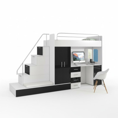 Black children's loft bed bunk bed high gloss bed