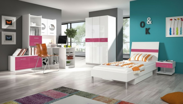 Children's room pink girl wardrobe bed table wood 5-piece bedroom