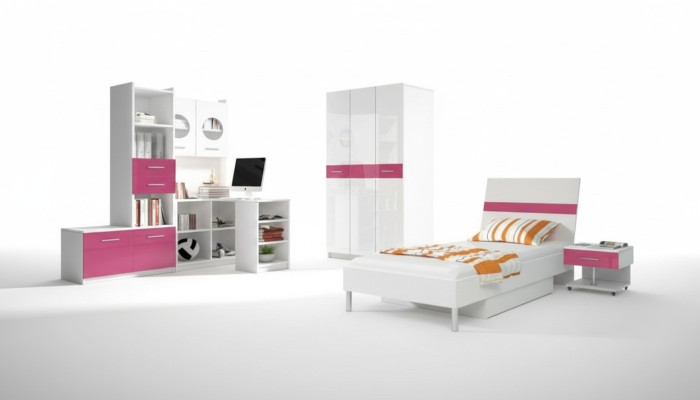 Children's room pink girl wardrobe bed table wood 5-piece bedroom