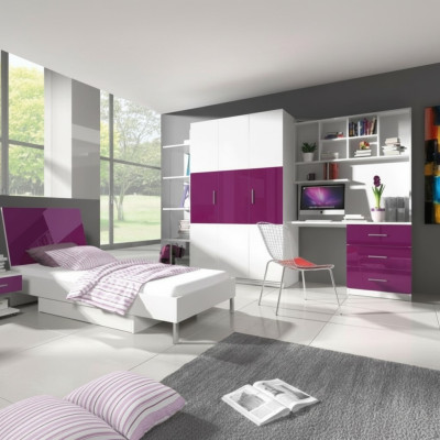 Bedroom Purple Bed 2x Nightstand Desk Child's Bed 5-piece Set.