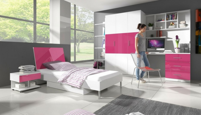 Pink children's room set: bed, nightstand, wardrobe, desk, bookshelf, new, 5-piece.