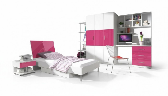 Pink children's room set: bed, nightstand, wardrobe, desk, bookshelf, new, 5-piece.