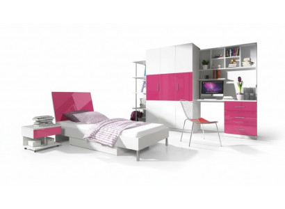 Pink children's room set: bed, nightstand, wardrobe, desk, bookshelf, new, 5-piece.