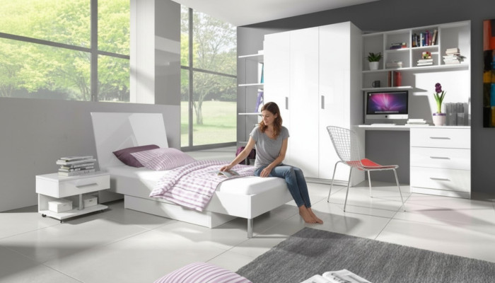 Modern children's room set: bed, nightstand, wardrobe, desk, bookshelf, 5-piece.