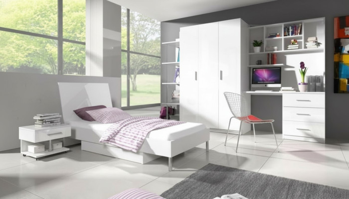 Modern children's room set: bed, nightstand, wardrobe, desk, bookshelf, 5-piece.