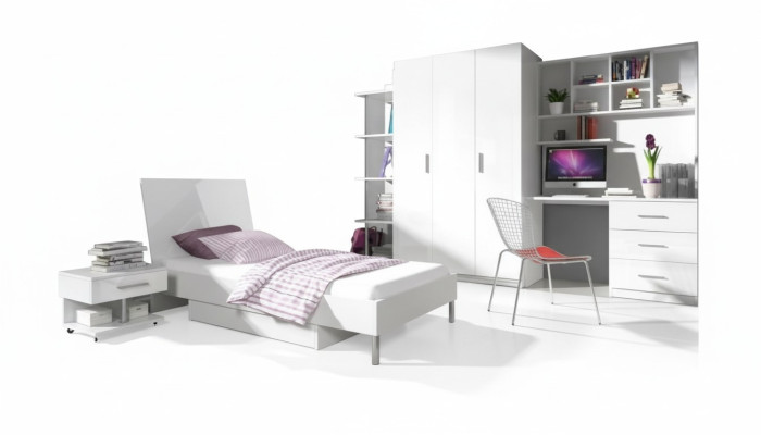 Modern children's room set: bed, nightstand, wardrobe, desk, bookshelf, 5-piece.