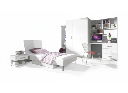 Modern children's room set: bed, nightstand, wardrobe, desk, bookshelf, 5-piece.