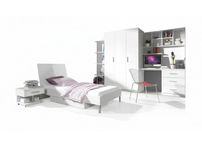 Modern children's room set: bed, nightstand, wardrobe, desk, bookshelf, 5-piece.