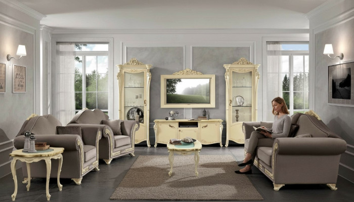 TV cupboard wood, RTV wall unit living room, classic design set 2-piece, beige, new.