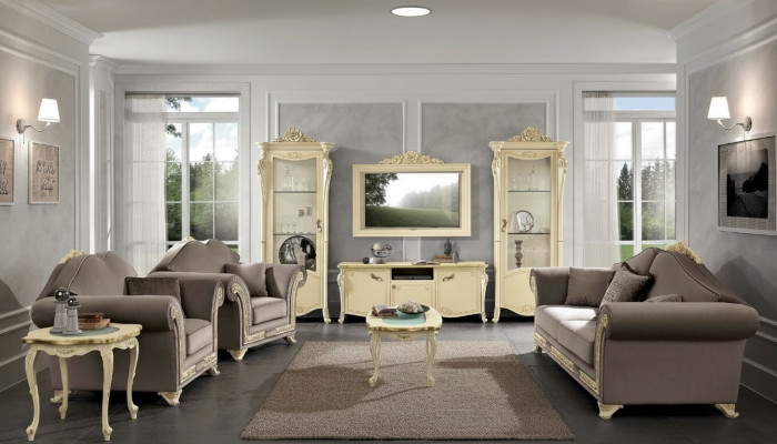 TV cupboard wood, RTV wall unit living room, classic design set 2-piece, beige, new.
