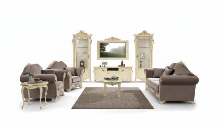 TV cupboard wood, RTV wall unit living room, classic design set 2-piece, beige, new.