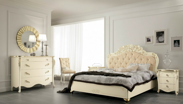 Bedroom set beige bedroom bed nightstand dresser mirror chair 6-piece.