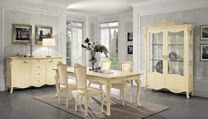 Dining room beige dining table 4x chairs sideboard display cabinet group furniture set 7 pieces