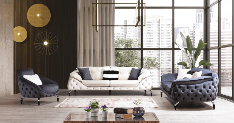 Chesterfield couch with wood textile sofa set 3-3-1 seat cushion