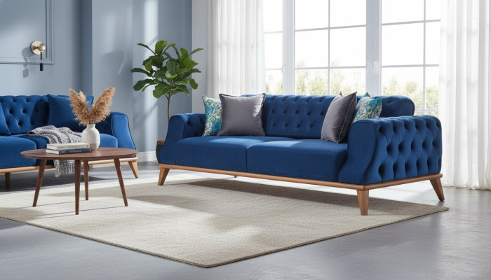 3-seater Sofa Blue Living Room Classic Chesterfield Elegant Style