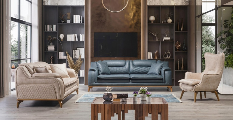 Blue Sofa 3-Seater Living Room Couch Design Chesterfield Italian Style Furniture
