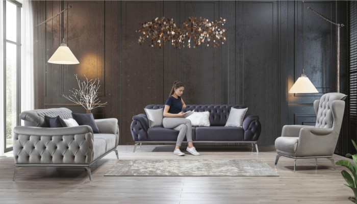 Sofa set 3+3+1 seater blue armchair luxury Chesterfield furniture
