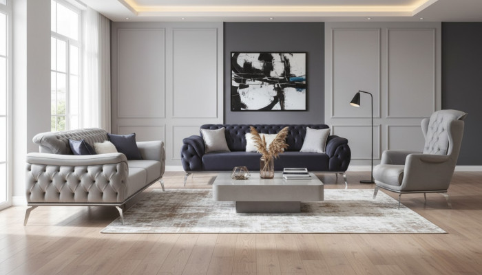 Sofa set 3+3+1 seater blue armchair luxury Chesterfield furniture