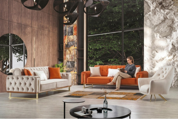 Sofa Orange 3 Seater Living Room Luxury Chesterfield Italian