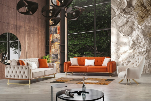 Sofa Orange 3 Seater Living Room Luxury Chesterfield Italian
