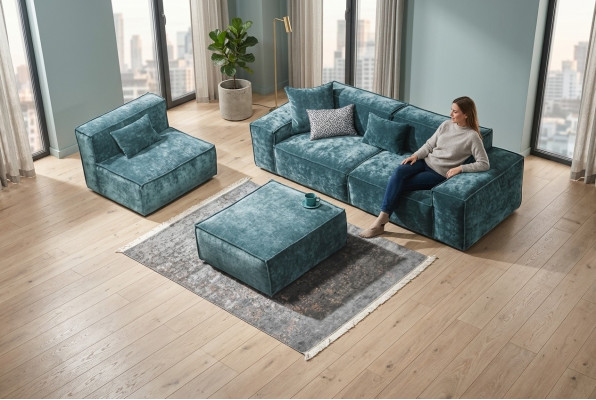 Sofa set Cube Furniture XXL 3+1 Seat Blue Living Room Armchair Stool