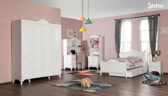 Children's room set in white with elegant desk design, wooden bookshelf, new furniture