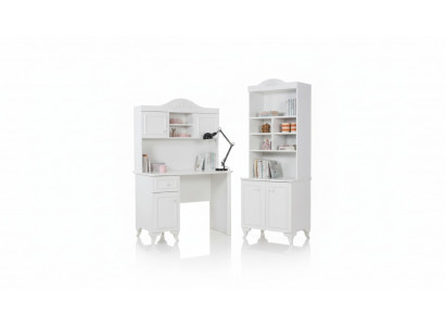 Children's room set in white with elegant desk design, wooden bookshelf, new furniture