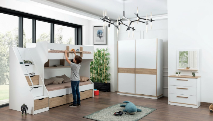 Loft bed, bunk bed, dresser, mirror, bedroom mirror furniture, 4-piece wardrobe.