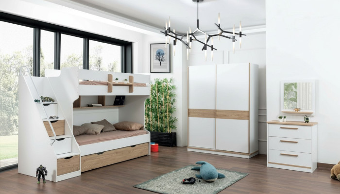 Loft bed, bunk bed, dresser, mirror, bedroom mirror furniture, 4-piece wardrobe.