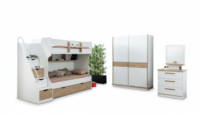 Loft bed, bunk bed, dresser, mirror, bedroom mirror furniture, 4-piece wardrobe.