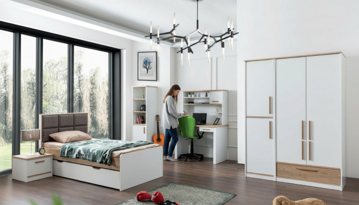 Modern youth room set bed, bedside table, bookshelf, desk, bedroom 5-piece set.