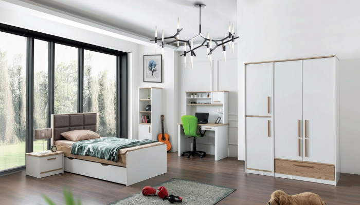 Modern youth room set bed, bedside table, bookshelf, desk, bedroom 5-piece set.