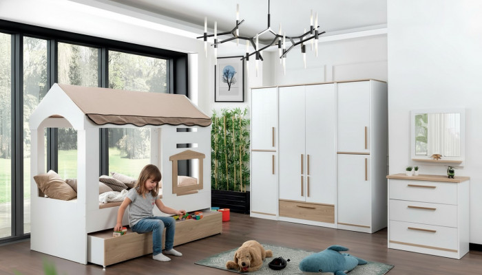 Children's room bed house canopy bed bedroom set suite mirror 4-piece.