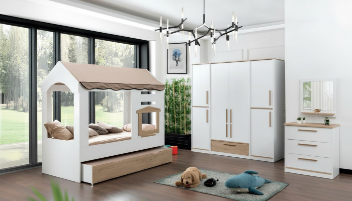Children's room bed house canopy bed bedroom set suite mirror 4-piece.