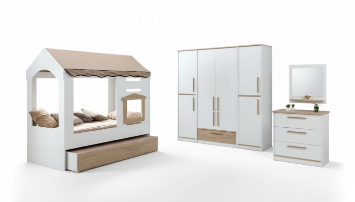 Children's room bed house canopy bed bedroom set suite mirror 4-piece.