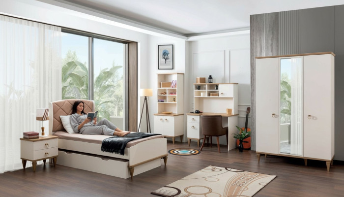 Unisex bedroom youth room set bed nightstand bookshelf table 5-piece. New