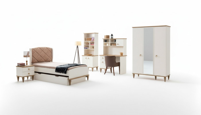 Unisex bedroom youth room set bed nightstand bookshelf table 5-piece. New