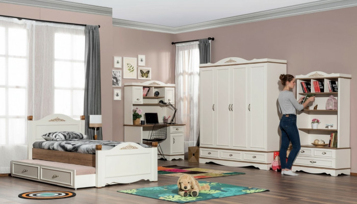 Modern bedroom youth room set bed nightstand bookshelf table 5-piece.