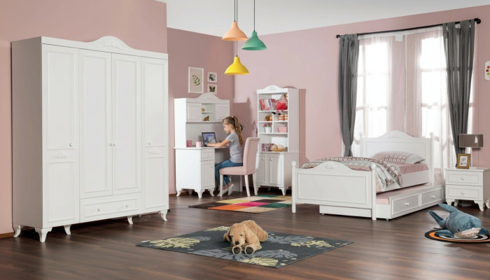 Country House Children's Room Set White Bed Nightstand Desk Shelf Wardrobe 5-piece.