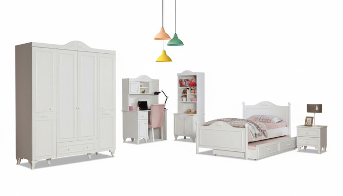 Country House Children's Room Set White Bed Nightstand Desk Shelf Wardrobe 5-piece.