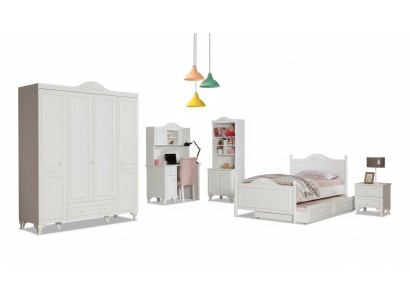 Country House Children's Room Set White Bed Nightstand Desk Shelf Wardrobe 5-piece.